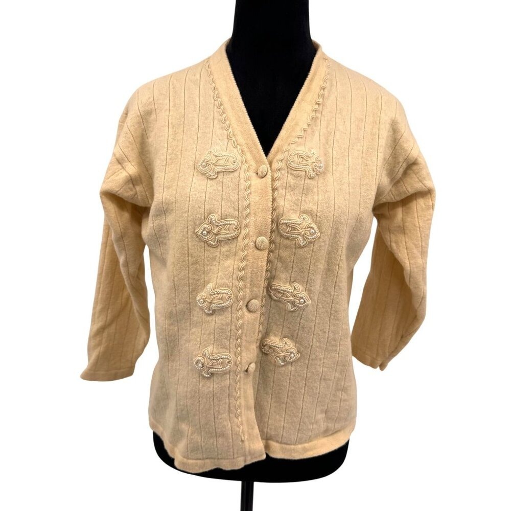 Vtg Poma Doro Cardigan Sweater Womens M Pearl Embroidered Coquette Wool Cream